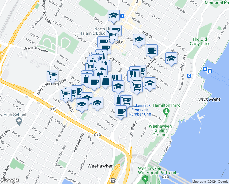 map of restaurants, bars, coffee shops, grocery stores, and more near 208 39th Street in Union City