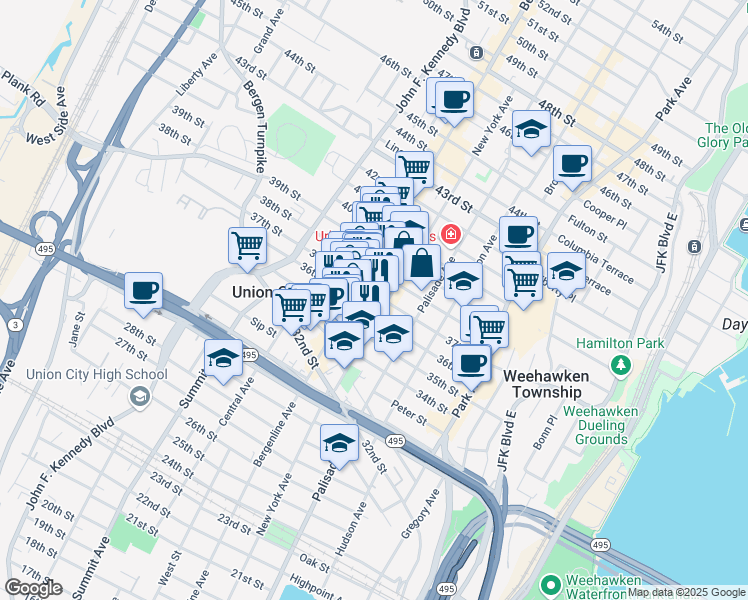 map of restaurants, bars, coffee shops, grocery stores, and more near 408 37th Street in Union City
