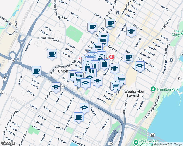map of restaurants, bars, coffee shops, grocery stores, and more near 408 37th Street in Union City