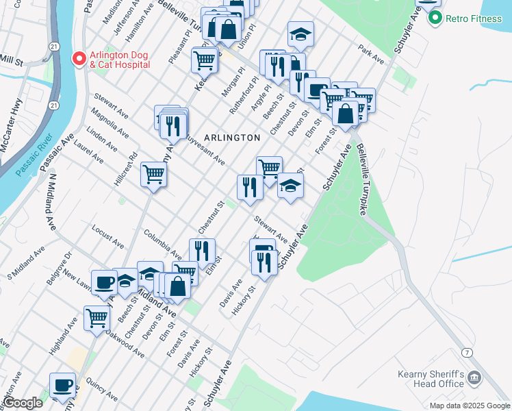 map of restaurants, bars, coffee shops, grocery stores, and more near 625 Elm Street in Kearny