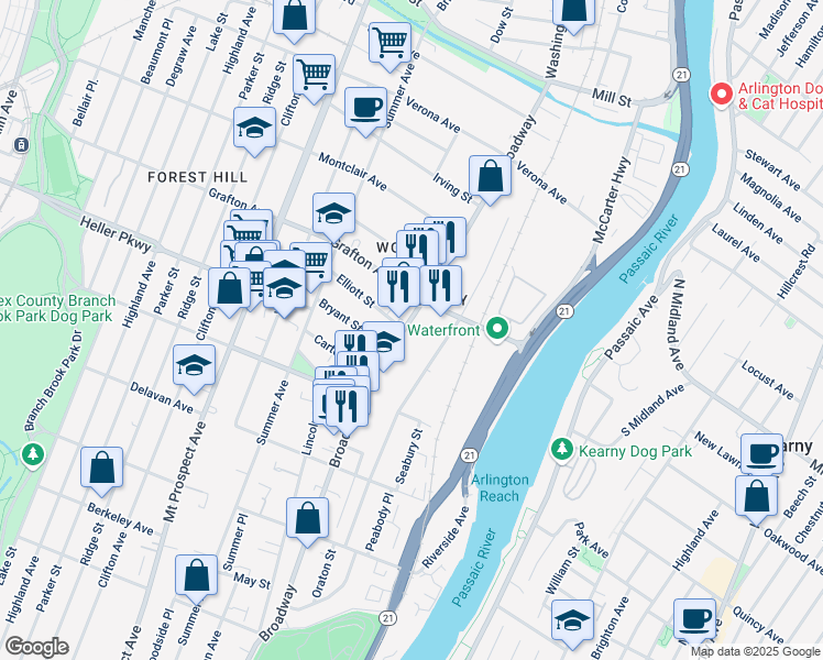 map of restaurants, bars, coffee shops, grocery stores, and more near 710 Broadway in Newark