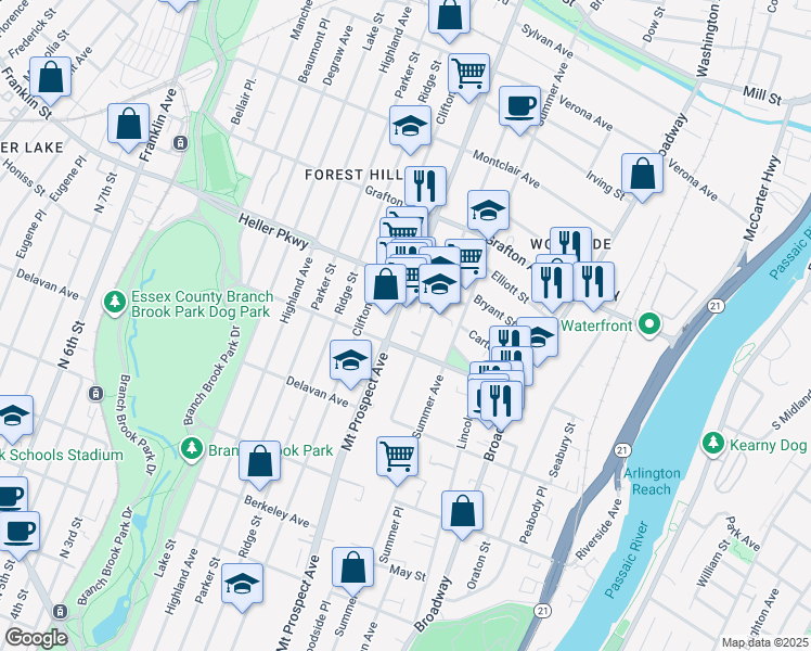 map of restaurants, bars, coffee shops, grocery stores, and more near 659 Mount Prospect Avenue in Newark