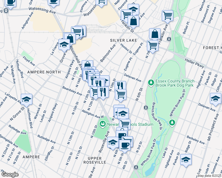 map of restaurants, bars, coffee shops, grocery stores, and more near 563 North 11th Street in Newark