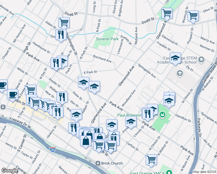map of restaurants, bars, coffee shops, grocery stores, and more near 139 Glenwood Avenue in East Orange