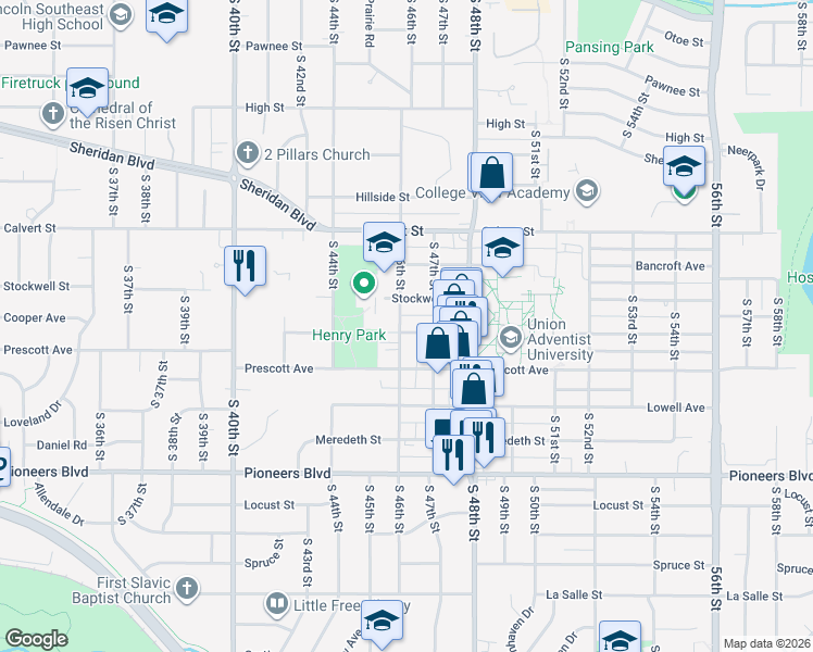 map of restaurants, bars, coffee shops, grocery stores, and more near 3831 South 46th Street in Lincoln