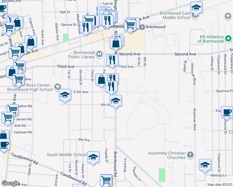 map of restaurants, bars, coffee shops, grocery stores, and more near 2096 South 5th Avenue in Brentwood