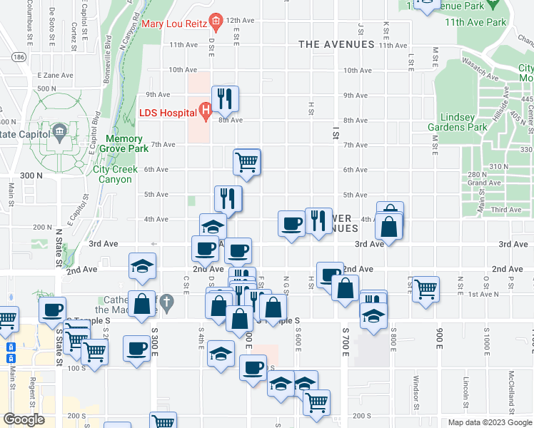 map of restaurants, bars, coffee shops, grocery stores, and more near 455 East 4th Avenue in Salt Lake City