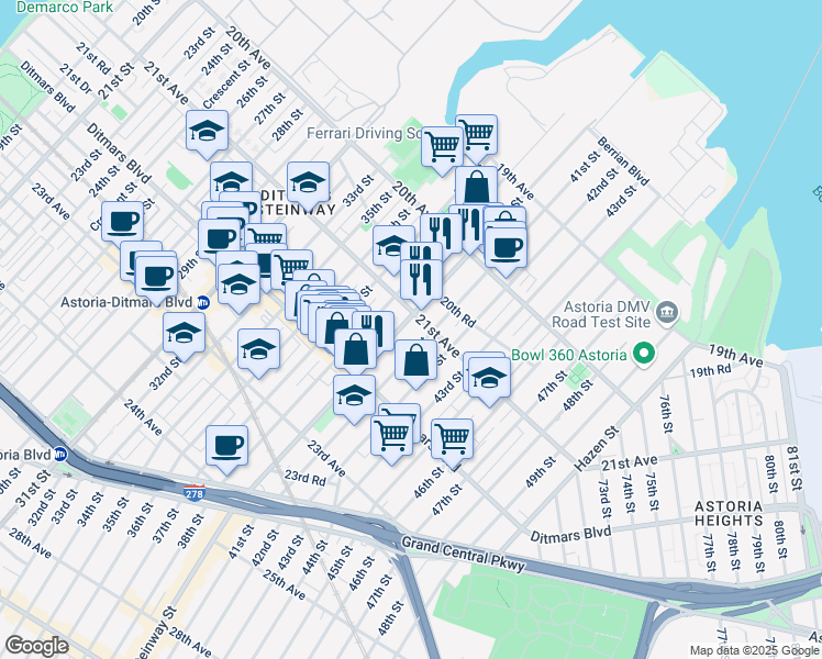 map of restaurants, bars, coffee shops, grocery stores, and more near 20-79 Steinway Street in Queens
