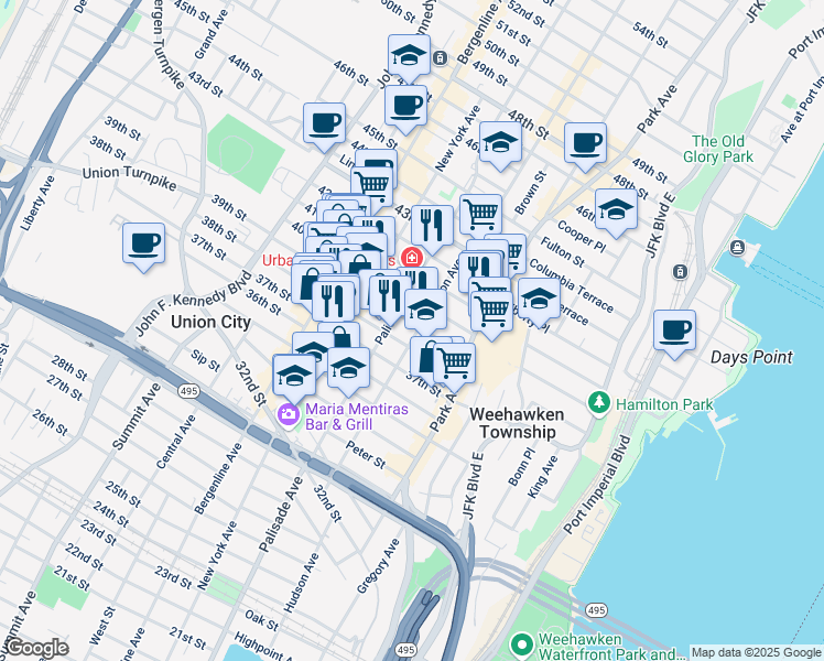 map of restaurants, bars, coffee shops, grocery stores, and more near 208 39th Street in Union City