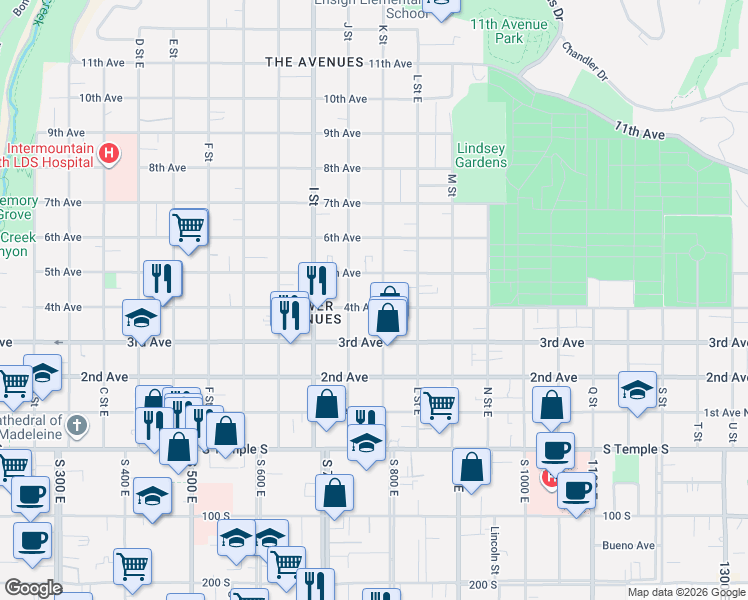 map of restaurants, bars, coffee shops, grocery stores, and more near 681 East 4th Avenue in Salt Lake City