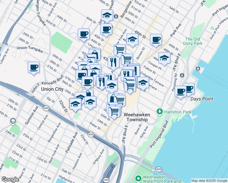 map of restaurants, bars, coffee shops, grocery stores, and more near 125 40th Street in Union City