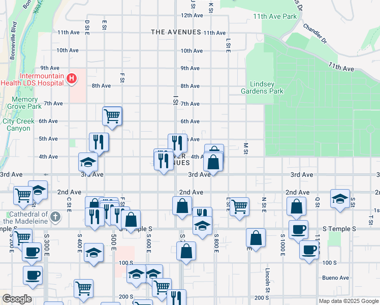 map of restaurants, bars, coffee shops, grocery stores, and more near 633 East 4th Avenue in Salt Lake City