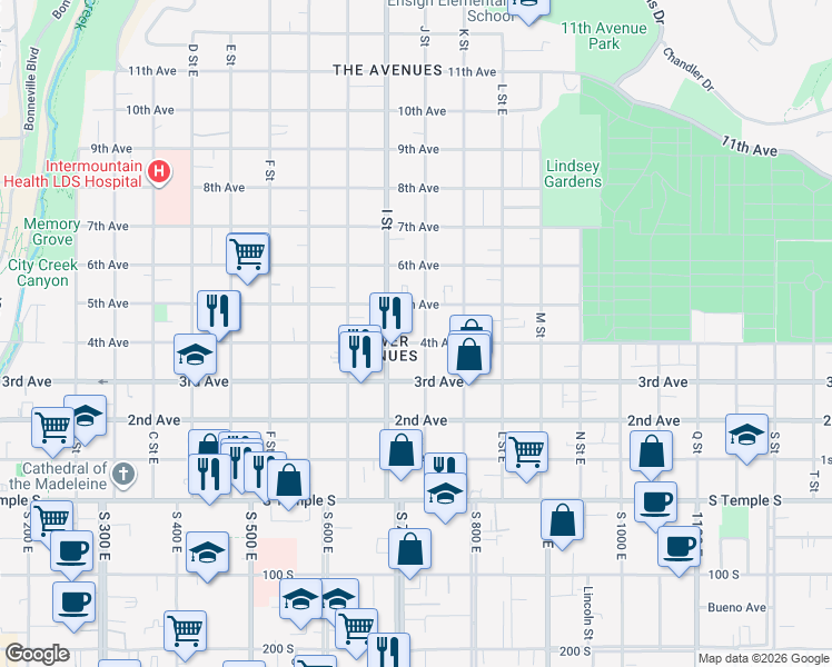 map of restaurants, bars, coffee shops, grocery stores, and more near 633 East 4th Avenue in Salt Lake City
