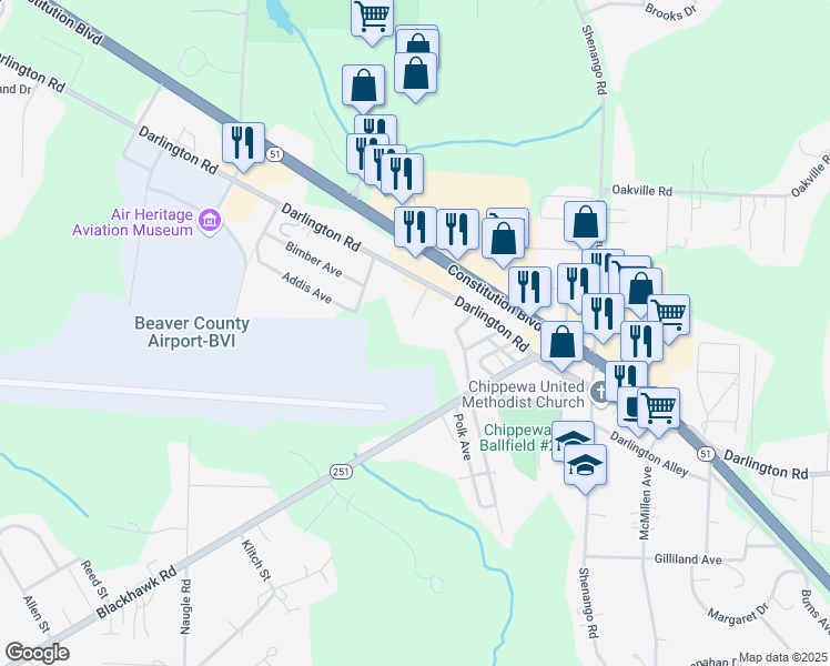 map of restaurants, bars, coffee shops, grocery stores, and more near 104 Pappan Business Drive in Beaver Falls