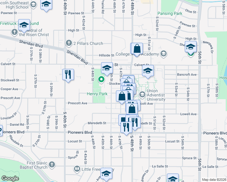 map of restaurants, bars, coffee shops, grocery stores, and more near 3831 South 46th Street in Lincoln