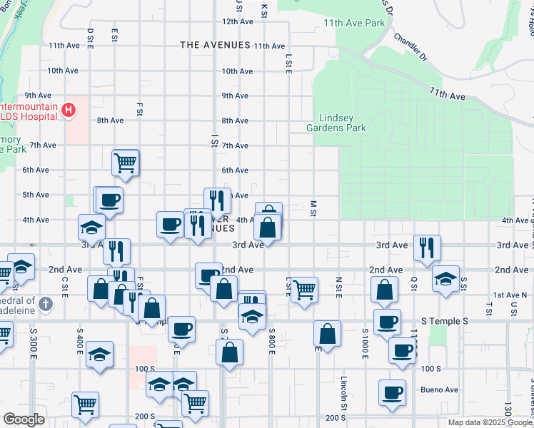 map of restaurants, bars, coffee shops, grocery stores, and more near 208 K Street East in Salt Lake City