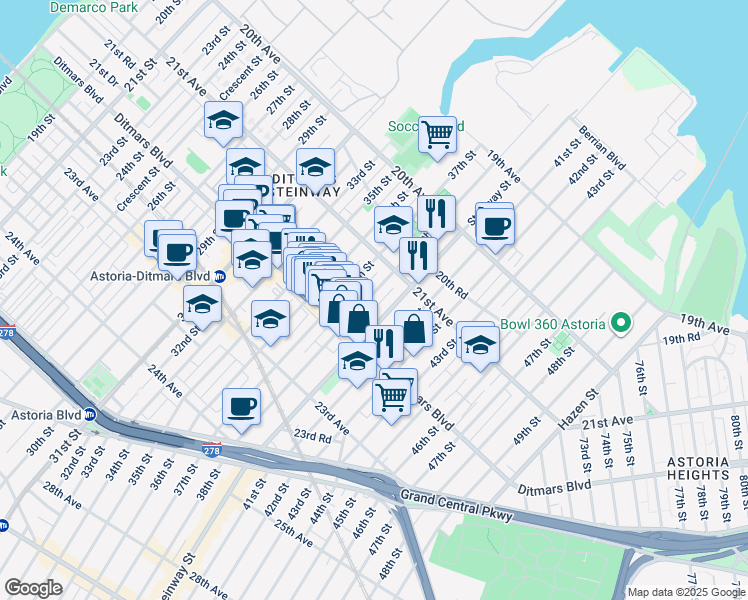 map of restaurants, bars, coffee shops, grocery stores, and more near 21-23 38th Street in Queens