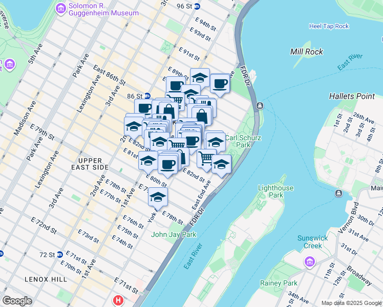 map of restaurants, bars, coffee shops, grocery stores, and more near 1586 York Avenue in New York