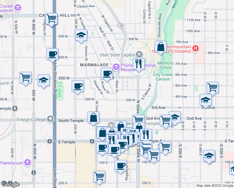 map of restaurants, bars, coffee shops, grocery stores, and more near 188 North Center Street in Salt Lake City