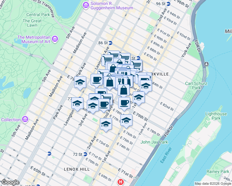 map of restaurants, bars, coffee shops, grocery stores, and more near 1553 2nd Avenue in New York