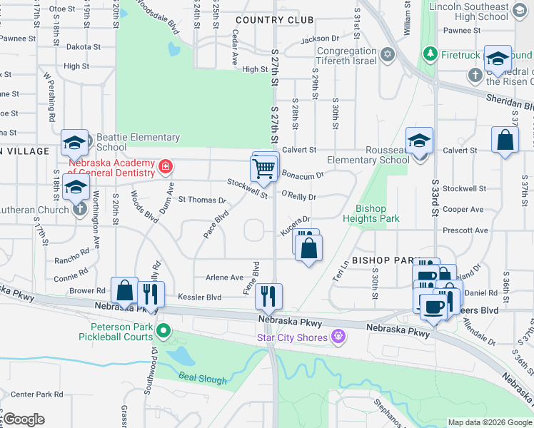 map of restaurants, bars, coffee shops, grocery stores, and more near 3910 South 27th Street in Lincoln