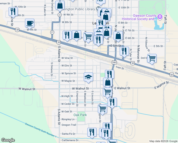 map of restaurants, bars, coffee shops, grocery stores, and more near 350 South Madison Street in Lexington