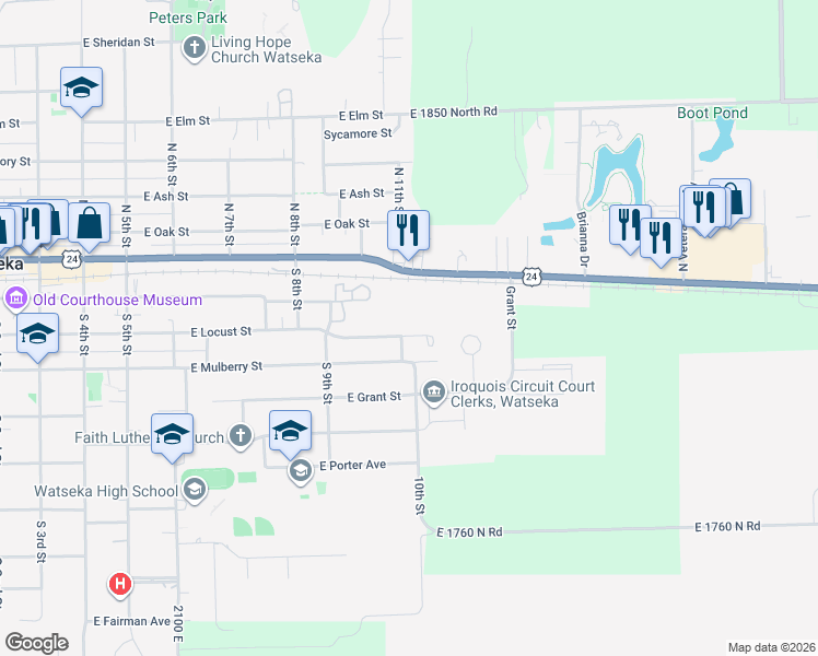 map of restaurants, bars, coffee shops, grocery stores, and more near 906 East Locust Street in Watseka