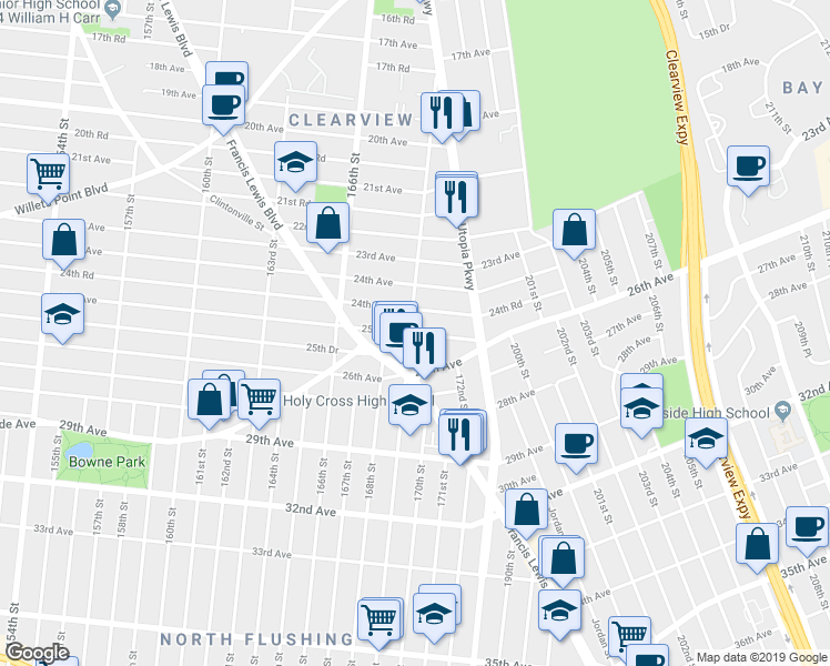 map of restaurants, bars, coffee shops, grocery stores, and more near 169-11 25th Avenue in Queens