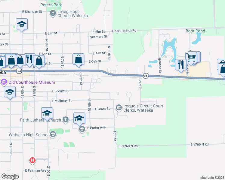 map of restaurants, bars, coffee shops, grocery stores, and more near 906 East Locust Street in Watseka