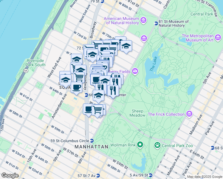 map of restaurants, bars, coffee shops, grocery stores, and more near 21 West 68th Street in New York