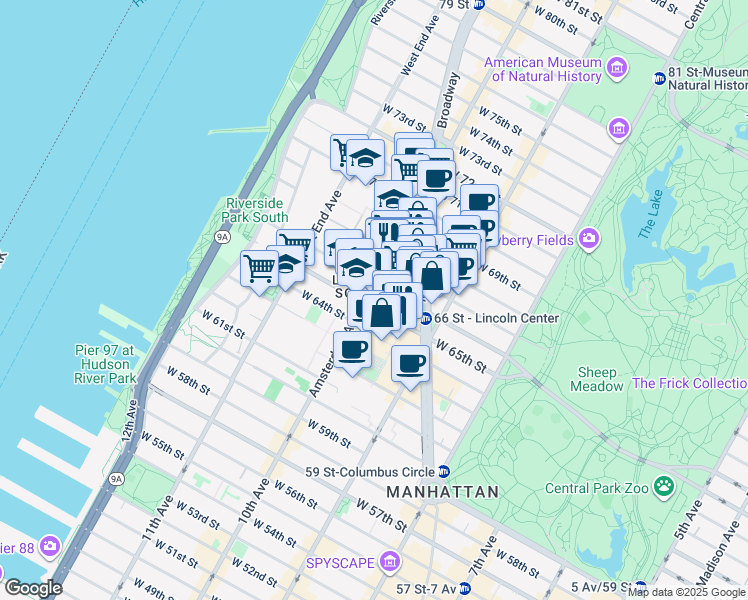 map of restaurants, bars, coffee shops, grocery stores, and more near 70 Lincoln Center Plaza in New York