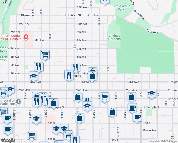map of restaurants, bars, coffee shops, grocery stores, and more near 681 East 4th Avenue in Salt Lake City