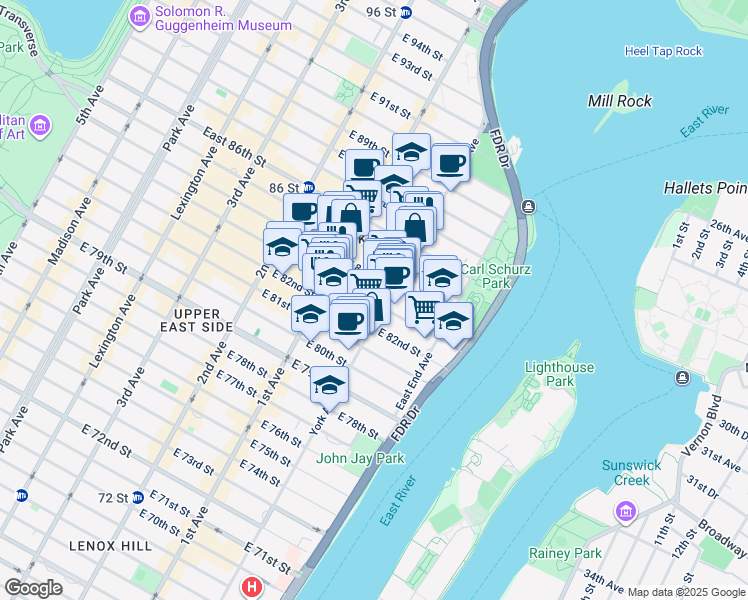 map of restaurants, bars, coffee shops, grocery stores, and more near 453 East 83rd Street in New York