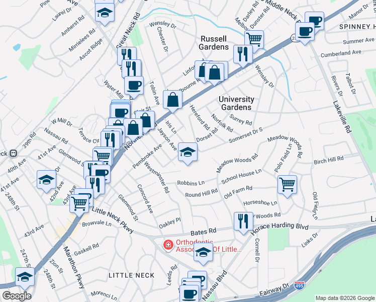 map of restaurants, bars, coffee shops, grocery stores, and more near 57 Somerset Drive South in Great Neck