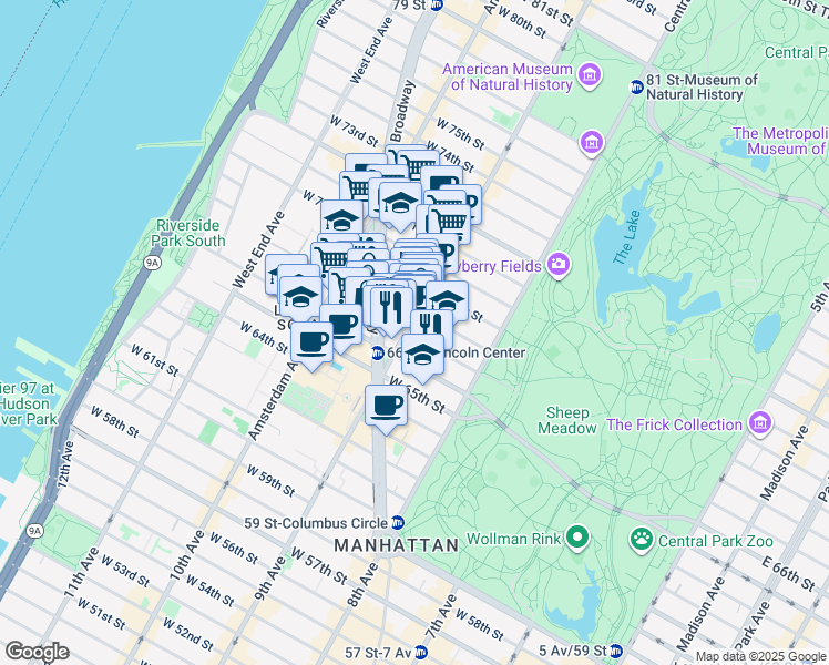 map of restaurants, bars, coffee shops, grocery stores, and more near 45 West 67th Street in New York