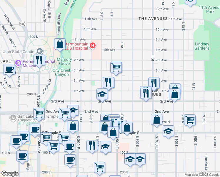 map of restaurants, bars, coffee shops, grocery stores, and more near 387 4th Avenue in Salt Lake City