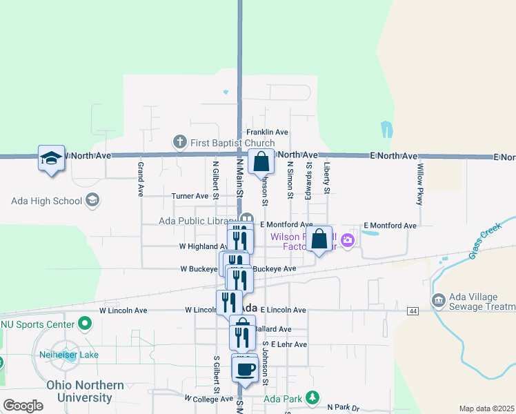map of restaurants, bars, coffee shops, grocery stores, and more near 428 North Johnson Street in Ada