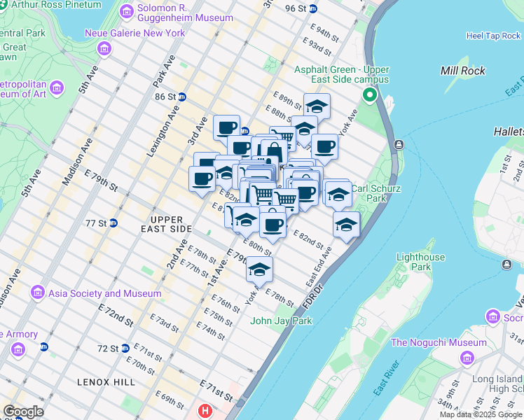 map of restaurants, bars, coffee shops, grocery stores, and more near 403 East 82nd Street in New York