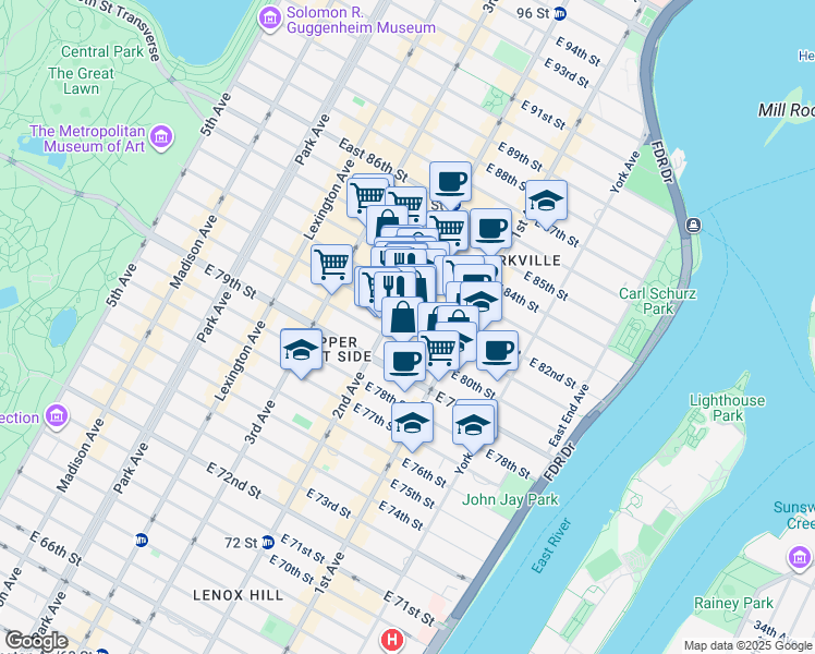 map of restaurants, bars, coffee shops, grocery stores, and more near 312 East 81st Street in New York