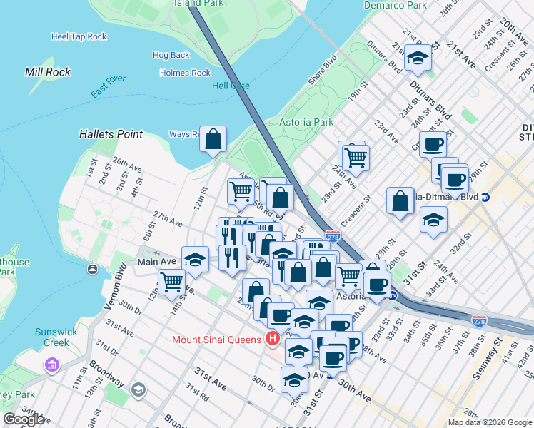 map of restaurants, bars, coffee shops, grocery stores, and more near 25-06 21st Street in Queens
