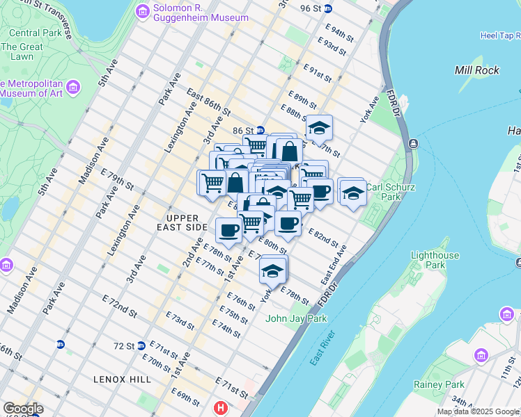 map of restaurants, bars, coffee shops, grocery stores, and more near 1569 1st Avenue in New York