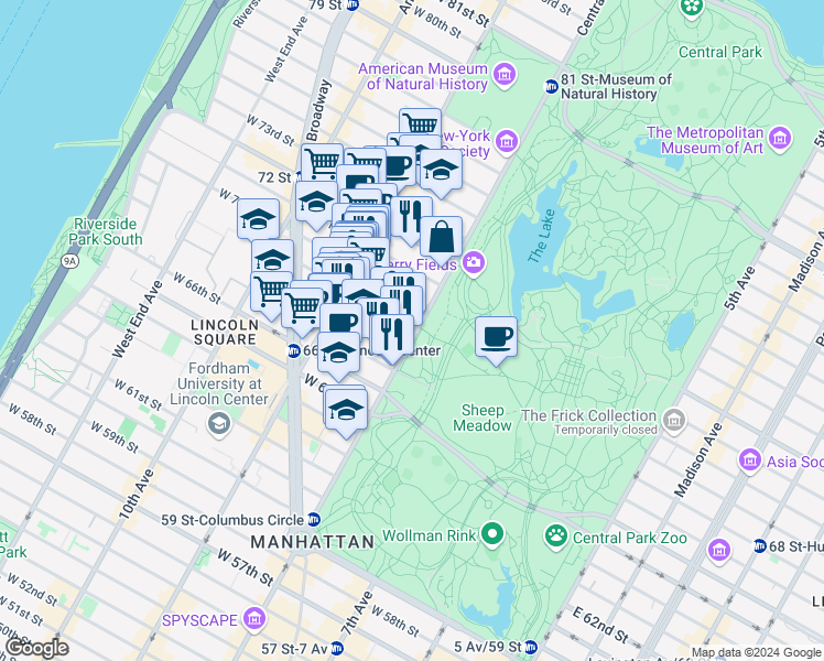 map of restaurants, bars, coffee shops, grocery stores, and more near 112 Central Park West in New York