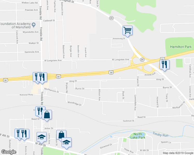 map of restaurants, bars, coffee shops, grocery stores, and more near 778 King Street in Mansfield