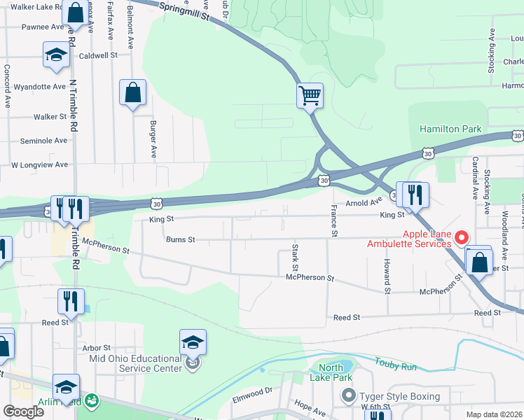 map of restaurants, bars, coffee shops, grocery stores, and more near 750 King Street in Mansfield