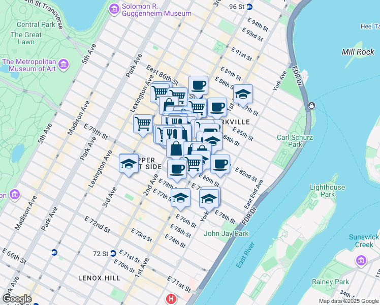 map of restaurants, bars, coffee shops, grocery stores, and more near 339 East 81st Street in New York