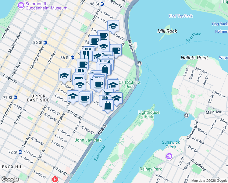 map of restaurants, bars, coffee shops, grocery stores, and more near 120 East End Avenue in New York