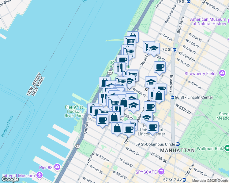 map of restaurants, bars, coffee shops, grocery stores, and more near 60 Riverside Boulevard in New York