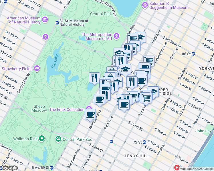 map of restaurants, bars, coffee shops, grocery stores, and more near 7 East 75th Street in New York