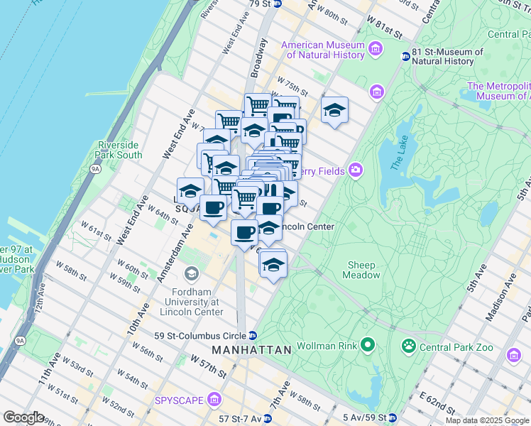 map of restaurants, bars, coffee shops, grocery stores, and more near 67 West 68th Street in New York