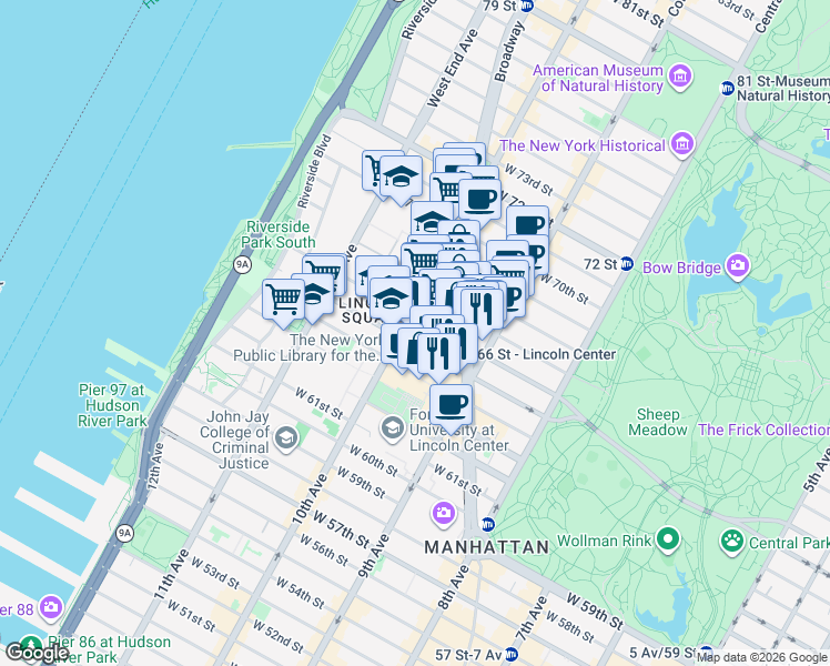 map of restaurants, bars, coffee shops, grocery stores, and more near 160 West 66th Street in New York